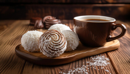 Light and fluffy meringue cookies with chocolate drizzle are arranged on ceramic plates alongside a white coffee cup on a rustic wooden table.