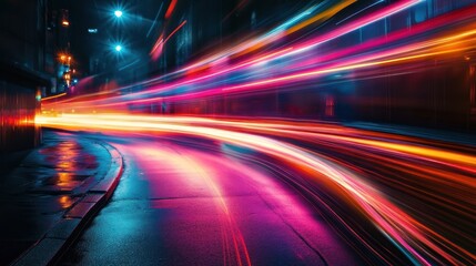Obraz premium A vibrant night scene with colorful light trails on a wet street.