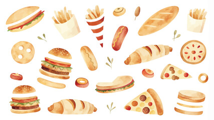 Big set of hand drawn watercolor fast food. Vector illustration.