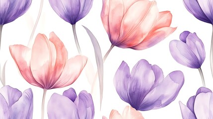 Fototapeta premium Seamless pattern of watercolor tulips, pastel shades of lavender and baby pink, delicate petals, loose and flowing brush strokes, airy and elegant design, hand-painted style, intricate floral details,