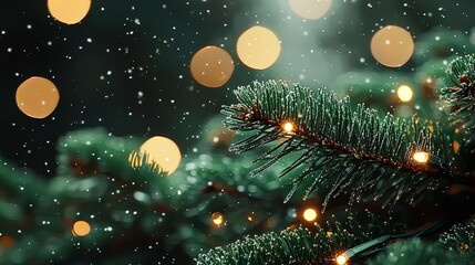 Green christmas background with tree branches and bokeh lights, Generative AI , isolated on white background,  , copy space, copy space for text,