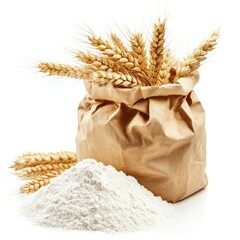 Bag of flour with wheat ears on white background.