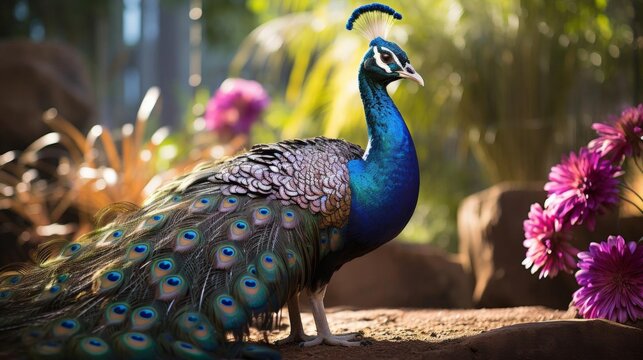 A beautiful blue peacock stands in front of a bunch of pink flowers