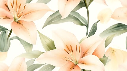 Fototapeta premium Seamless watercolor pattern of delicate lilies, pastel colors, soft pink and cream petals, subtle green leaves, flowing and airy composition, hand-painted style, intricate details, natural elegance,