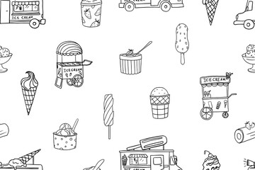 Seamless pattern of ice cream van, ice cream truck and ice cream in a waffle cone. Gelato. Great for summer dessert menu design, banner, sites, packaging. Hand drawn. Doodle style.