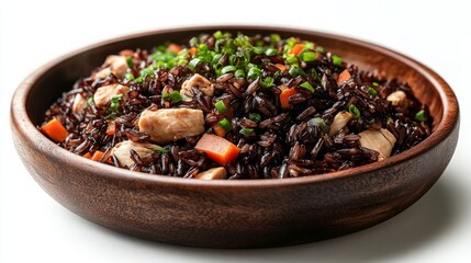 Obraz premium Delicious black rice bowl with chicken and vegetables.