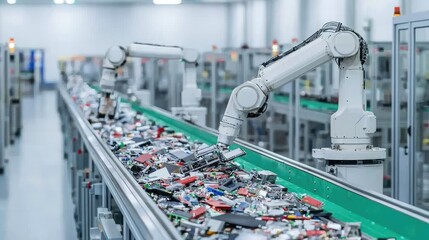 Robotic recycling action at waste management facility urban setting industrial process clean environment close-up view trash reduction concept