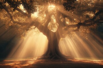 Majestic Oak Tree Bathed In Golden Sunlight Rays