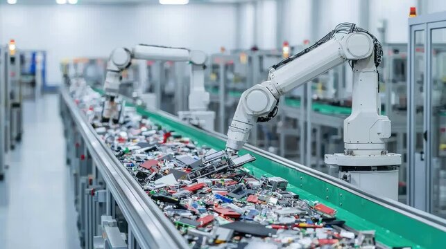 Robotic recycling action at waste management facility urban setting industrial process clean environment close-up view trash reduction concept