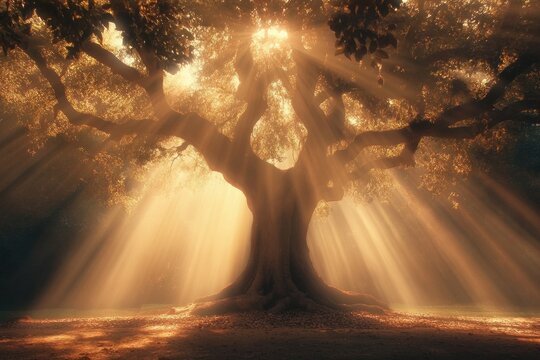 Majestic Oak Tree Bathed In Golden Sunlight Rays