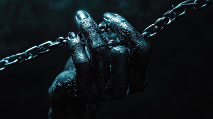 Dark hand gripping a chain against shadowy background