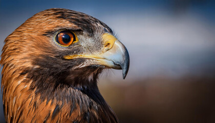 Fototapeta premium A close-up portrait of a majestic hawk with intense amber eyes, sharp curved beak, and rich brown feathers against a blurred background.