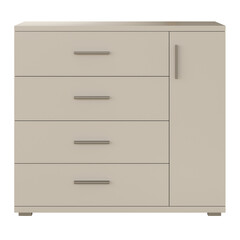 A white dresser with four drawers and a cabinet