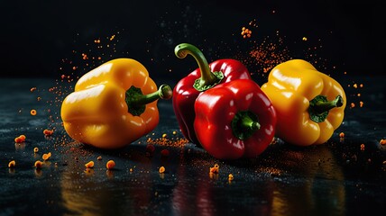 peppers floating against a dark background with scattered spice particles highlighting freshness and culinary appeal.