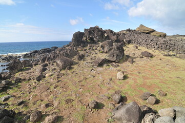 The fallen Moai giants of Akahanga on Eastern Island, Chile