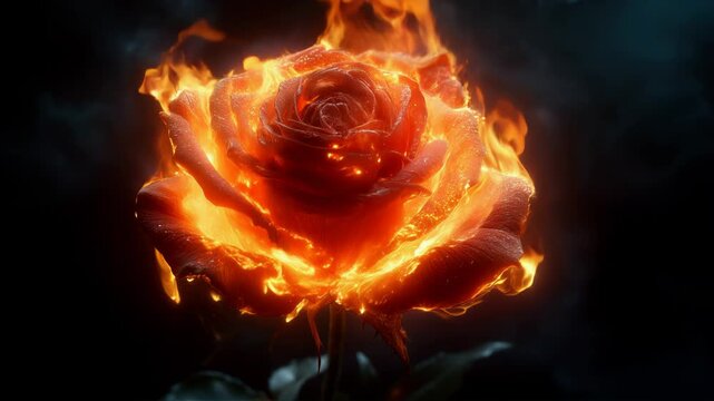 A red rose engulfed in flames on dark background. Slow motion