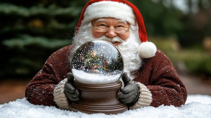 hyper realistic photo of  Santa Claus holding a snow globe in a winter wonderland , isolated on white background,  , copy space, copy space for text,