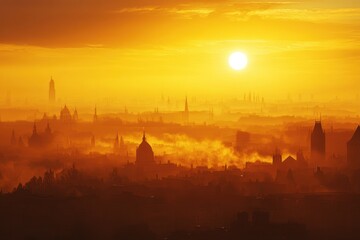 Obraz premium Golden Sunrise Over Cityscape Skyline Buildings Sun