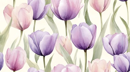 Watercolor seamless design featuring pastel lavender and pink tulips, delicate petals, airy green leaves, loose brush strokes, hand-drawn style, intricate and flowing composition,