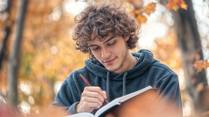 Fototapeta premium The image shows a young man with curly brown hair, wearing a gray hoodie, sitting and writing in a book
