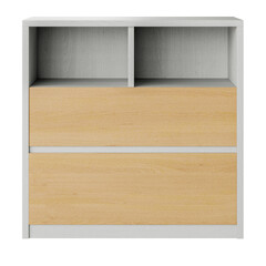 A white and brown wooden cabinet with a white drawer