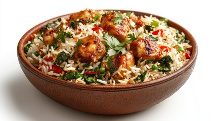 Delicious chicken and vegetable rice dish in a rustic bowl.