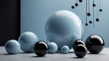 Minimalist featuring floating spheres, elegant design in soft blue and black tones, suitable for various event displays