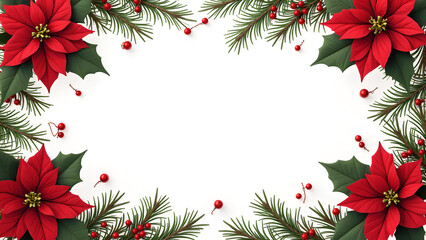 Christmas frame with poinsettia and fir branches. Concept of winter holidays, celebration, and festive season.