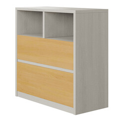 A wooden cabinet with a brown trim and a white shelf