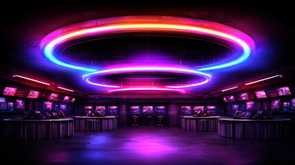 Obraz premium Futuristic control room with vibrant neon lights and screens