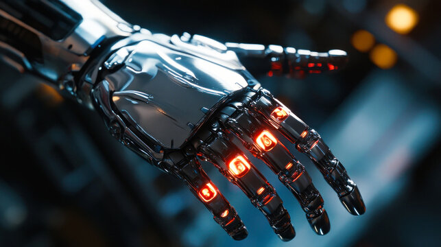 Cyborg hand with glowing elements and metallic surface.