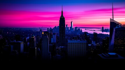 Stunning Dusk Cityscape of a Bustling Skyline with Vibrant Colors Over a Busy Urban Landscape and Towering Skyscrapers Illuminated by Evening Light