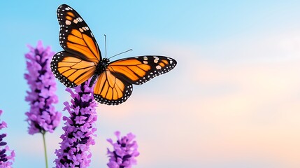 Naklejka premium Butterfly Perched Delicately on a Vibrant Purple Flower Against a Soft Blue Sky, Capturing the Essence of Nature's Beauty in a Serene Setting