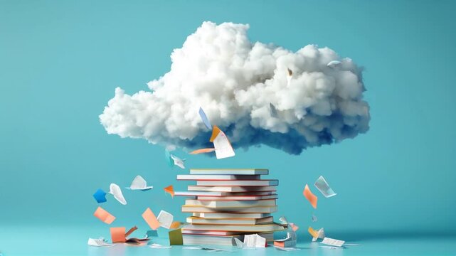 Fluffy Cloud Floating Above Colorful Books Whimsical Journey of Creativity and Imagination in Education and Reading, Where Paper Pages Dance in Air.