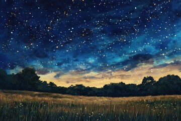 Naklejka premium Starry Night Sky Over Serene Summer Field Landscape