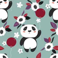 Obraz premium Seamless pattern with cute panda baby on color background. Funny asian animals. Card, postcards for kids. Flat vector illustration for fabric, textile, wallpaper, poster, gift wrapping paper.