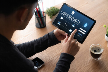 Cyber security system on computer screen protect private information snugly from hacker and cyber attack