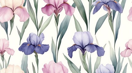 Watercolor seamless pattern featuring soft pastel irises, delicate pink and purple hues, lush green leaves, flowing petals, airy hand-painted design, intricate floral details,