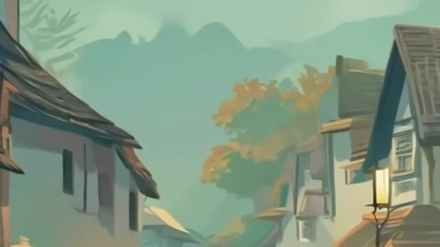 Charming village scene with pastel houses and a calm environment, evoking nostalgia and a relaxed rural lifestyle.