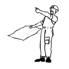 illustrations de personnages en situation professionnelle, métiers du batiment, lignes et traits en noir et blanc, pour utilisations diverses