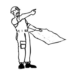 illustrations de personnages en situation professionnelle, métiers du batiment, lignes et traits en noir et blanc, pour utilisations diverses