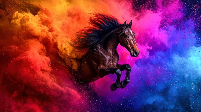 A majestic horse leaps through a vibrant colorful cloud, embodying energy and freedom in a cosmic scene.
