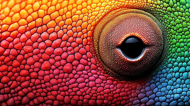 Close-Up of Chameleon Skin Showcasing Intricate Patterns and Vibrant Colors, Highlighting Unique Texture and Details Found in Reptilian Species
