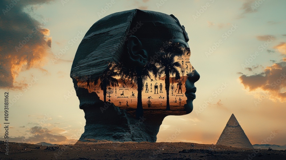 Aufkleber captivating double exposure of the benben pyramid and standard egypt digital artwork surreal environ