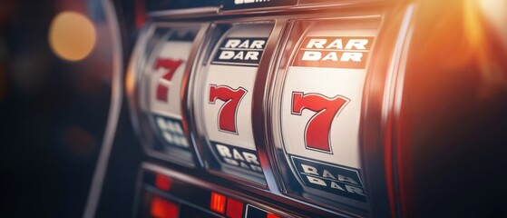 Close-up of a slot machine with spinning reels showing the number seven.