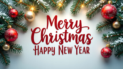 Merry Christmas and Happy New Year greeting with ornaments and fir branches. Holiday concept.