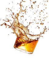 A vibrant splash of brewed tea soars in mid-air, isolated on white.