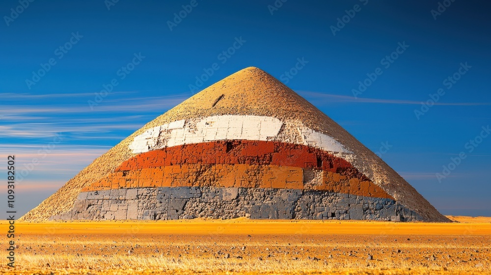 Poster Timelapse effect of shifting shadows on a standard pyramid structure in a desert landscape captured from above for artistic exploration