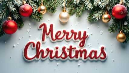 Merry Christmas text with ornaments and fir branches. Concept of winter holidays and festive season.