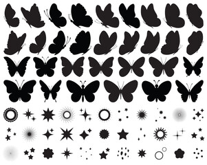 Set of black butterflies, collection of silhouettes.Butterfly black color, flying shape, vector design.Abstract modern monarch butterfly contours for decoration.Magical sparkle, glow, stars, shine set